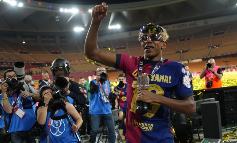 2025/26 - the year of Yamal - Lamine Yamal right winger of Barcelona and Spain celebrates the victory after winning the Copa del Rey Final match between FC Barcelona and Real Madrid at Estadio de La Cartuja on April 26, 2025 in Seville, Spain.