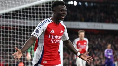 LONDON, ENGLAND - APRIL 01: Bukayo Saka of Arsenal celebrates after scoring during the Premier League match between Arsenal FC and Fulham FC at Emirates Stadium on April 01, 2025 in London, England.