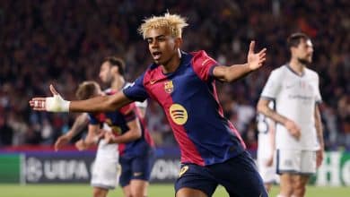 BARCELONA, SPAIN - APRIL 30: Lamine Yamal of FC Barcelona celebrates scoring his team's first goal during the UEFA Champions League 2024/25 Semi Final First Leg match between FC Barcelona and FC Internazionale Milano at Estadi Olimpic Lluis Companys on April 30, 2025 in Barcelona, Spain. (