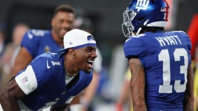 Malik Nabers #1 of the New York Giants celebrates with Jalin Hyatt #13 of the New York Giants