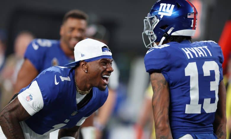 Malik Nabers #1 of the New York Giants celebrates with Jalin Hyatt #13 of the New York Giants