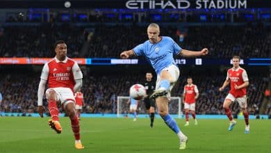 MANCHESTER, ENGLAND - APRIL 26: Gabriel of Arsenal can only watch as Erling Haaland of Manchester City shoots during the Premier League match between Manchester City and Arsenal FC at Etihad Stadium on April 26, 2023 in Manchester, United Kingdom.