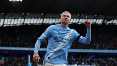 MANCHESTER, ENGLAND - SEPTEMBER 14: Erling Haaland of Manchester City celebrates scoring his team's second goal during the Premier League match between Manchester City and Manchester United at Etihad Stadium on September 14, 2025 in Manchester, England.