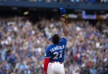 TORONTO, CANADA - SEPTEMBER 27: Vladimir Guerrero Jr. #27 of the Toronto Blue Jays celebrates a 5-1 win over the Tampa Bay Rays in their MLB game at the Rogers Centre on September 27, 2025 in Toronto, Canada.