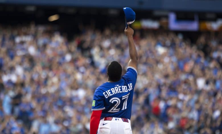 TORONTO, CANADA - SEPTEMBER 27: Vladimir Guerrero Jr. #27 of the Toronto Blue Jays celebrates a 5-1 win over the Tampa Bay Rays in their MLB game at the Rogers Centre on September 27, 2025 in Toronto, Canada.