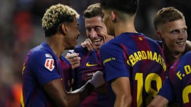 Champions League ready - Robert Lewandowski centre-forward of Barcelona and Poland celebrates with Lamine Yamal after scoring his sides first goal during the LaLiga EA Sports match between FC Barcelona and Real Sociedad at Estadi Olimpic Lluis Companys on September 28, 2025 in Barcelona, Spain.
