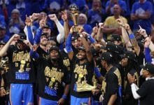 OKLAHOMA CITY, OKLAHOMA - JUNE 22: Shai Gilgeous-Alexander #2 of the Oklahoma City Thunder celebrates with the Bill Russell NBA Finals Most Valuable Player trophy after defeating the Indiana Pacers 103-91 in Game Seven of the 2025 NBA Finals at Paycom Center on June 22, 2025 in Oklahoma City, Oklahoma. NOTE TO USER: User expressly acknowledges and agrees that, by downloading and or using this photograph, User is consenting to the terms and conditions of the Getty Images License Agreement.