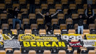 SOLVESBORG, SWEDEN - MAY 09: Fans of Mjallby AIF during the Allsvenskan match between Mjallby AIF and Ostersunds FK at Strandvallen on May 9, 2021 in Solvesborg, Sweden.