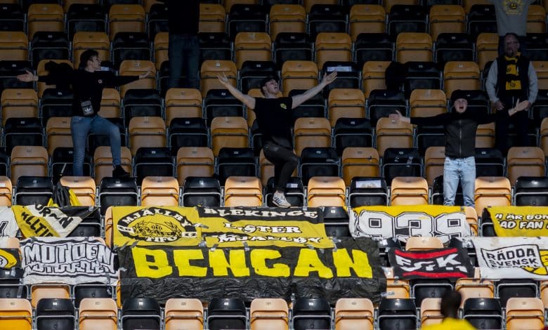 SOLVESBORG, SWEDEN - MAY 09: Fans of Mjallby AIF during the Allsvenskan match between Mjallby AIF and Ostersunds FK at Strandvallen on May 9, 2021 in Solvesborg, Sweden.