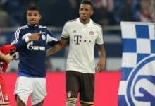 Jerome Boateng of Munich (R) hugs his brother Kevin-Prince Boateng of Schalke after the Bundesliga match between FC Schalke 04 and FC Bayern Muenchen