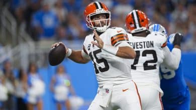 DETROIT, MICHIGAN - SEPTEMBER 14: Grant Stuard #15 of the Cleveland Browns looks to make a pass during the first half of an NFL football game against the Detroit Lions at Ford Field on September 28, 2025 in Detroit, Michigan.