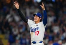 LOS ANGELES, CA - OCTOBER 27: Shohei Ohtani #17 of the Los Angeles Dodgers celebrates after defeating the Toronto Blue Jays in Game Three of the 2025 World Series presented by Capital One at Dodger Stadium on Monday, October 27, 2025 in Los Angeles, California.