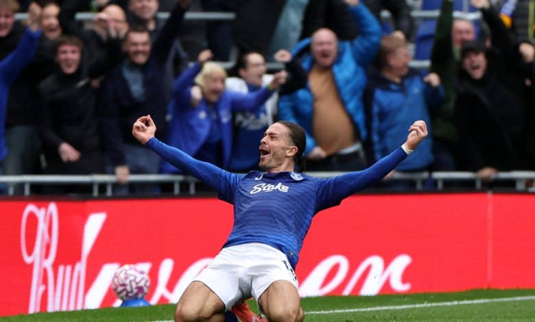 Everton's English midfielder #18 Jack Grealish celebrates after scoring their second goal during the English Premier League football match between Everton and Crystal Palace at Hill Dickinson Stadium in Liverpool, north west England on October 5, 2025. (Photo by Darren Staples / AFP) / RESTRICTED TO EDITORIAL USE. No use with unauthorized audio, video, data, fixture lists, club/league logos or 'live' services. Online in-match use limited to 120 images. An additional 40 images may be used in extra time. No video emulation. Social media in-match use limited to 120 images. An additional 40 images may be used in extra time. No use in betting publications, games or single club/league/player publications. /